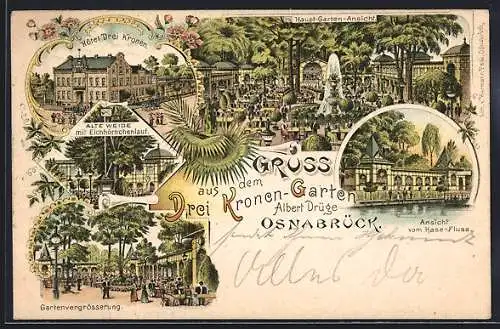 Lithographie Osnabrück, Das Hotel Drei Kronen mit Gartenwirtschaft, Inh. Albert Drüge, Hase-Fluss, Alte Weide