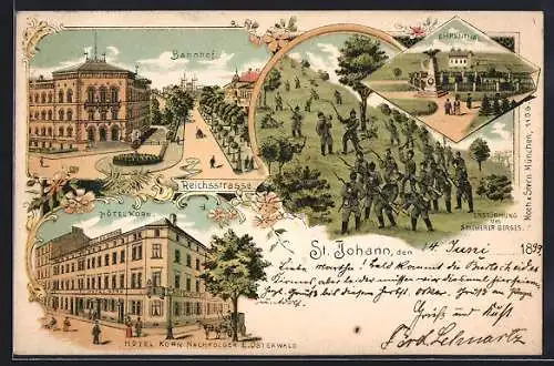 Lithographie St. Johann / Saar, Bahnhof, Hotel Korn v. E. Osterwald, Erstürmung des Spicherer Berges, Ehrenthal