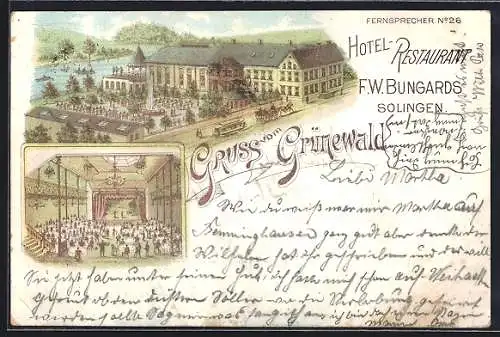 Lithographie Solingen, Das Hotel-Restaurant-Gasthaus Grünewald v. F. W. Bungards, mit Festsaal und Gartenwirtschaft