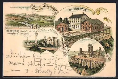 Lithographie Hohensyburg b. Westhofen, Hotel Rich. Wulf, Panorama, Kaiser Wilhelm-Denkmal