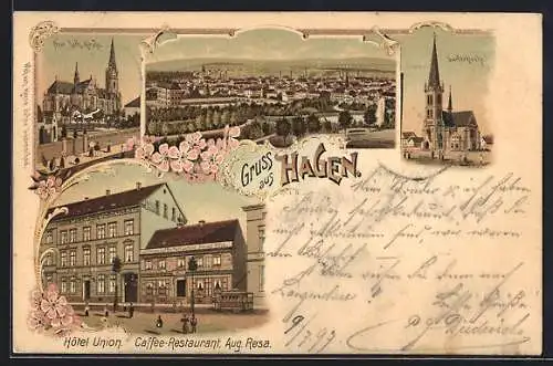 Lithographie Hagen / Westfalen, Das Hotel Union v. August Resa, Lutherkirche, Kath. Kirche