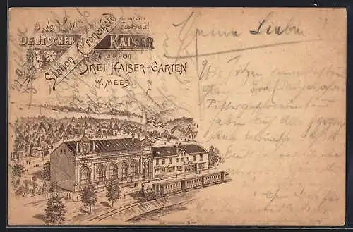 Lithographie Cronenfeld, Der Gasthof Deutscher Kaiser mit Festsaal und dem Kaiser-Garten, Inh. W. Mees, am Bahnhof