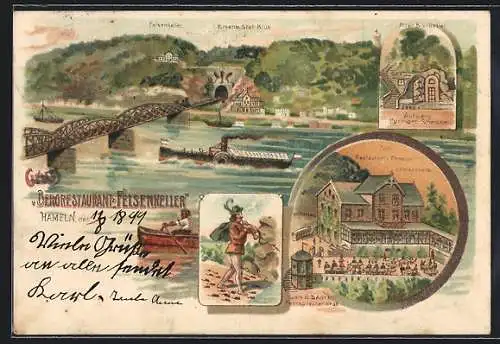 Lithographie Hameln, Berg-Restaurant Felsenkeller, Dampfer auf der Weser