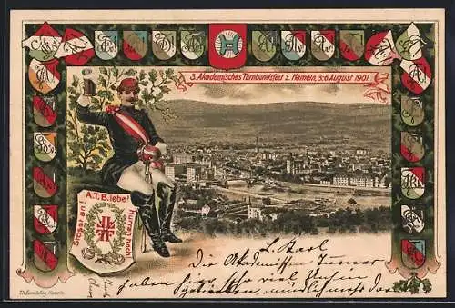 Lithographie Hameln, 3. Akademisches Turnbundsfest 1901, Stadtansicht im Wappen-Passepartout
