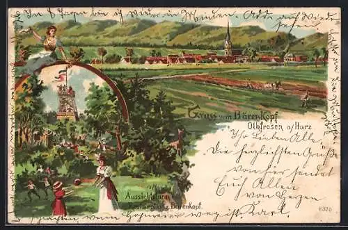 Lithographie Othfresen / Harz, Gasthaus und Turm auf dem Bärenkopf, Ortsansicht