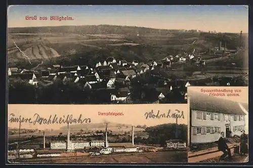 AK Billigheim / Baden, Spezereihandlung Friedrich Grimm und Dampfziegelei