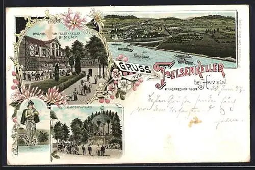 Lithographie Hameln, Restaurant zum Felsenkeller, Gartenpavillon, Gesamtansicht