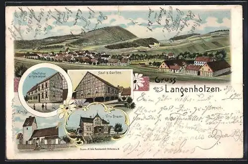 Lithographie Langenholzen, Gasthaus Wilhelm Wagner, Saal & Garten, Villa Brauer