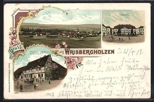 Lithographie Wrisbergholzen, Gasthaus in 3 Kronen v. H. Leonhard, Schloss, Ortsansicht
