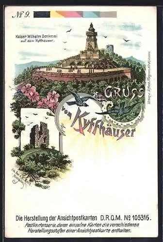 Lithographie Kyffhäuser / Kaiser Wilhelm Denkmal, Kaiser Wilhelm Denkmal auf dem Kyffhäuser, Ansichtskartengeschichte