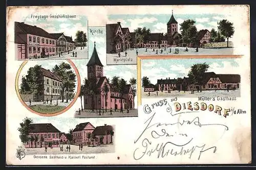 Lithographie Diesdorf / Altmark, Gensens Gasthaus u. Kaiserl. Postamt, Freytags Geschäftshaus, Oberförsterei