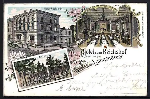 Lithographie Langendreer, Hotel zum Reichshof, Bes. Köppe, Hotel-Restaurant, Saal, Garten