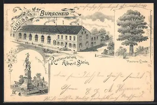 Lithographie Burscheid / Bergisches Land, Restauration von Albert Stein, Kriegerdenkmal, Pastors-Linde