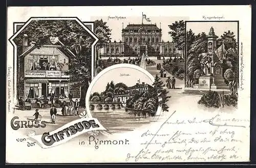 Lithographie Pyrmont, Gasthof Giftbude, Neues Kurhaus, Kriegerdenkmal