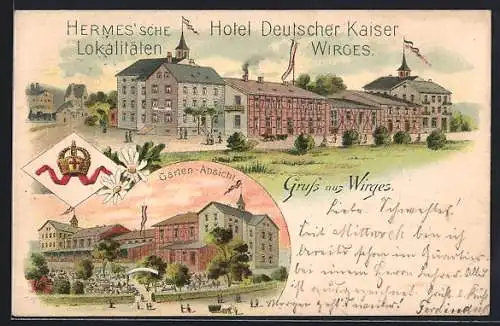 Lithographie Wirges, Hotel Deutscher Kaiser, Hermessche Lokalitäten, Gartenansicht