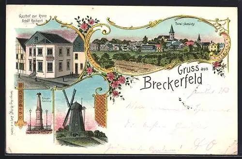 Lithographie Breckerfeld, Gasthof zur Krone v. Adolf Reibert, Windmühle, Kriegerdenkmal