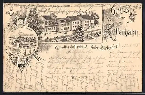 Vorläufer-Lithographie Küllenhahn, 1895, Bahnhof, Gasthaus Zum alten Kaffeehaus v. Gebr. Birkenbeil