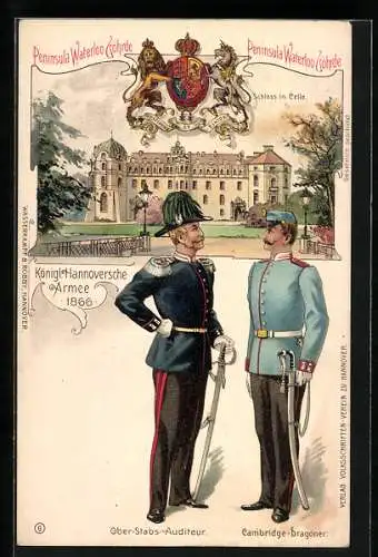 Lithographie König. Hannoversche Armee 1866, Schloss in Celle, Ober-Stabs-Auditeur und Cambridge-Dragoner