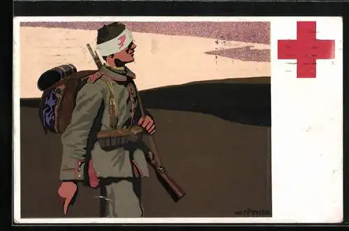 Künstler-AK W.I.: Rotes Kreuz, Soldat mit Kopfverband