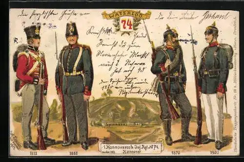 Lithographie 1. Hannoversch. Inf. Rgt. Nr. 74, Soldaten in Uniform zwischen 1813 und 1900