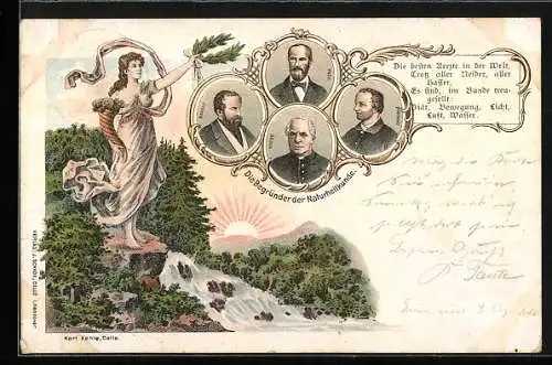 Lithographie Die Begründer der Naturheilkunde, Portraits von Rausse, Hahn, Priessnitz und Kneipp