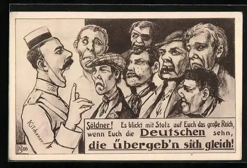 Künstler-AK Soldat massregelt die Söldner, Propaganda 1. Weltkrieg