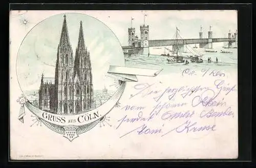 Vorläufer-Lithographie Cöln, 1893, Dom und Brücke
