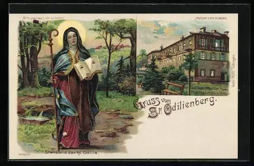 Lithographie St. Odilienberg, Wallfahrtskirche, Standbild der hl. Odilia, Heiligenschein, Halt gegen das Licht