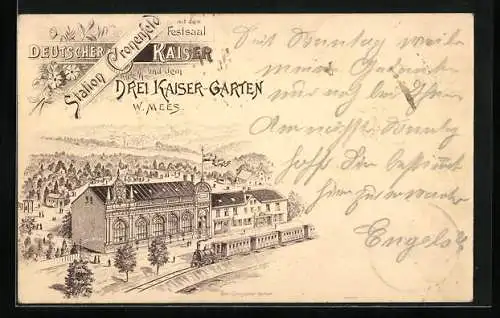 Vorläufer-Lithographie Cronenfeld, 1895, Gasthaus Deutscher Kaiser mit Festsaal und Drei-Kaiser-Garten v. W. Mees