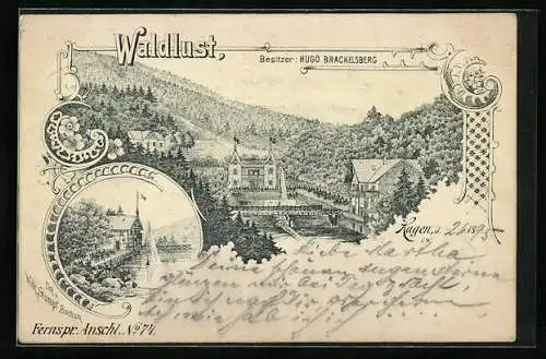 Vorläufer-Lithographie Hagen i. W., 1895, Gasthaus Waldlust, Bes. Hugo Brackelsberg