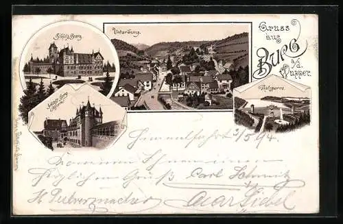 Vorläufer-Lithographie Burg a. d. Wupper, 1894, Panorama Unterburg, Schloss und Thalsperre