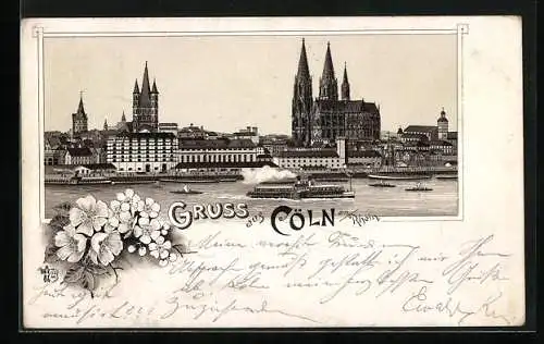 Vorläufer-Lithographie Cöln am Rhein, 1894, Dampfer und Dom