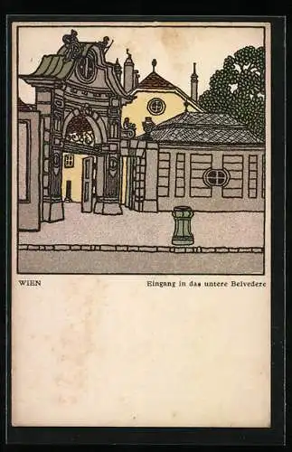 Künstler-AK Wiener Werkstätte Nr. 299, sign. Franz Kuhn oder Karl Schwetz: Wien, Eingang in das untere Belvedere