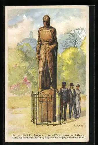 Künstler-AK Leipzig, Wehrmann in Eisen, Nagelung, Kriegshilfe