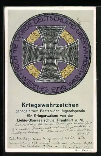 AK Frankfurt a. M., Kriegswahrzeichen, Nagelung zum Besten d. Jugendspende für Kriegerwaisen v. d. Liebig-Oberrealschule