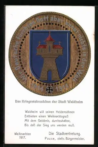 AK Waldheim / Sachsen, Das Kriegswahrzeichen der Stadt mit Wappen, Nagelung