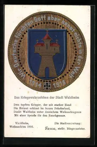 AK Waldheim / Sachsen, Kriegswahrzeichen der Stadt mit Wappen, Nagelung