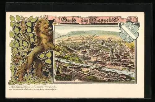 Lithographie Cassel, Gesamtansicht aus der Vogelschau mit Wappen und Löwe