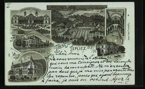 Mondschein-Lithographie Trencsen Teplicz, Hammambad, Katonatiszti gyogihaz, Villa Hungaria, Cursalon