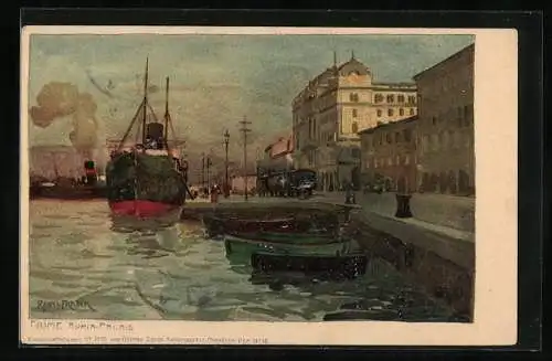 Künstler-Lithographie Raoul Frank: Fiume, Adria Palais