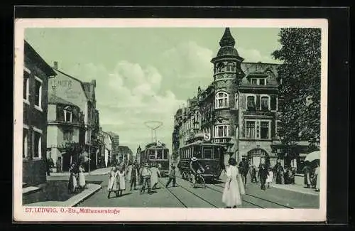 AK St. Ludwig, Mühlhauserstrasse mit Strassenbahn