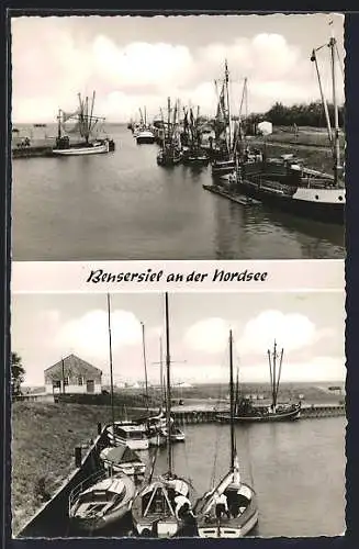 AK Bensersiel an der Nordsee, Fischkutter und Segelboote im Hafen