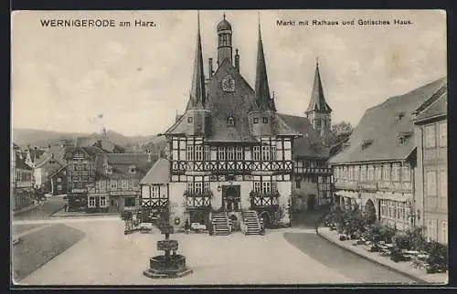 AK Wernigerode /Harz, Markt mit Rathaus und Gotisches Haus aus der Vogelschau