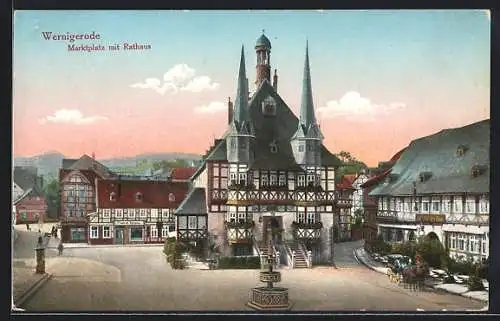 AK Wernigerode /Harz, Marktplatz mit Rathaus und Brunnen