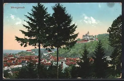 AK Wernigerode /Harz, Ortsansicht mit Blick auf Turmgebäude