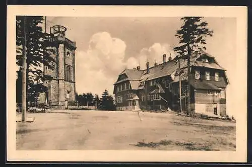 AK Wildenthal, Auersberg, Unterkunftshaus und Aussichtsturm