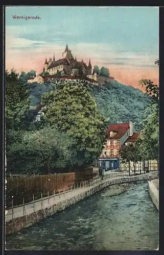 AK Wernigerode a. H., Flusspartie mit Schloss