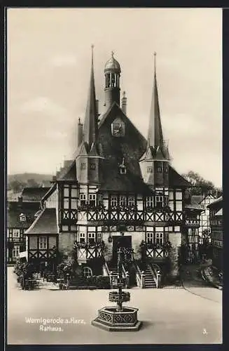 AK Wernigerode /Harz, Rathaus und Brunnen