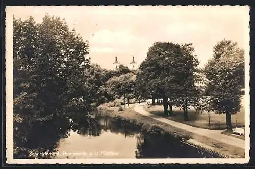 AK Schneidemühl, Promenade an der Küddow im Sonnenlicht