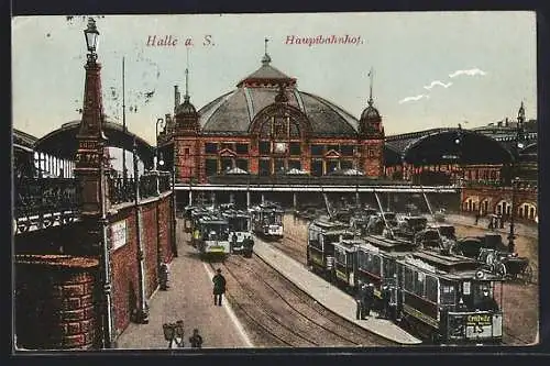 AK Halle /Saale, Strassenbahnen vor dem Hauptbahnhof